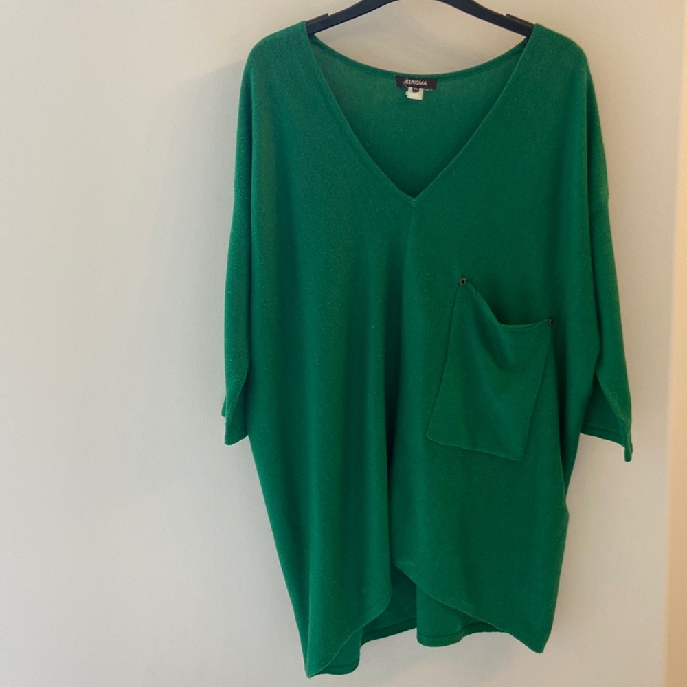 Kerisma Bloomingdales Green Sweater Loose Tunic 3/4 Sleeve V Neck S/M